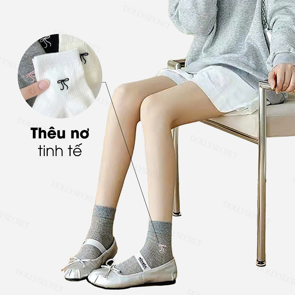 Set 5 Đôi Tất Nữ Cổ Ngắn Thêu Nơ DOLLY SECRET Tất Mỏng Mùa Hè Thoáng Khí Lưới Cotton T02