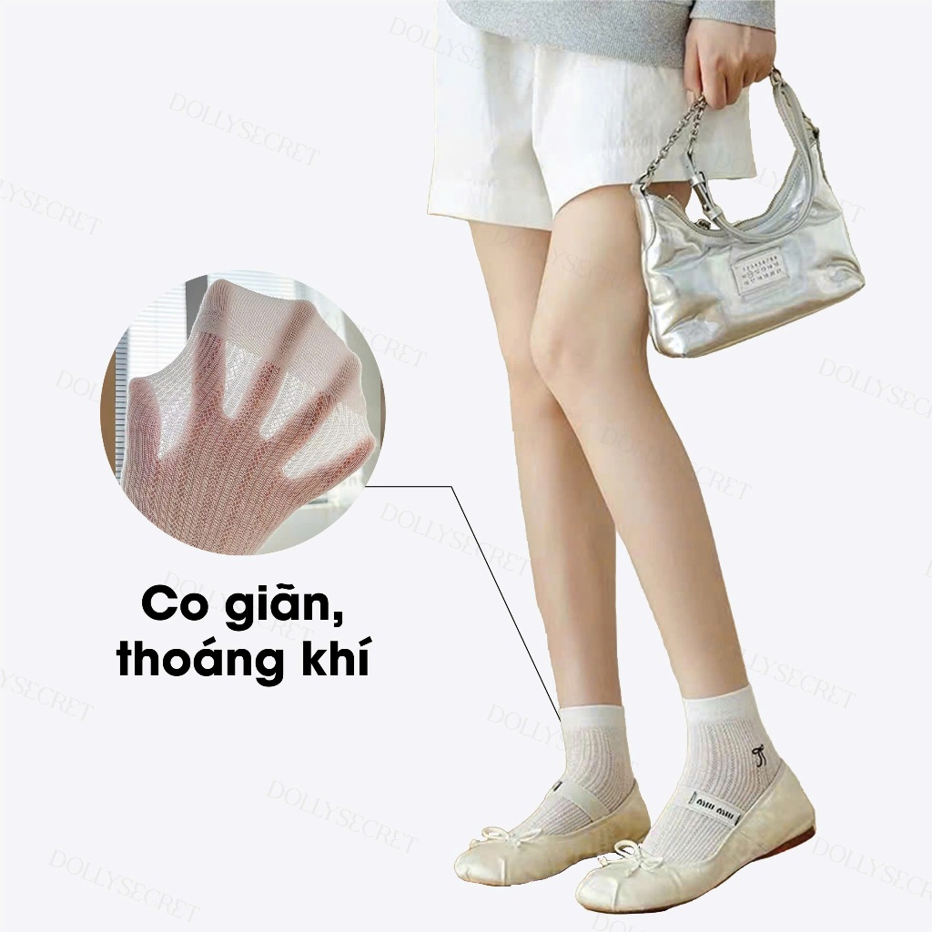 Set 5 Đôi Tất Nữ Cổ Ngắn Thêu Nơ DOLLY SECRET Tất Mỏng Mùa Hè Thoáng Khí Lưới Cotton T02
