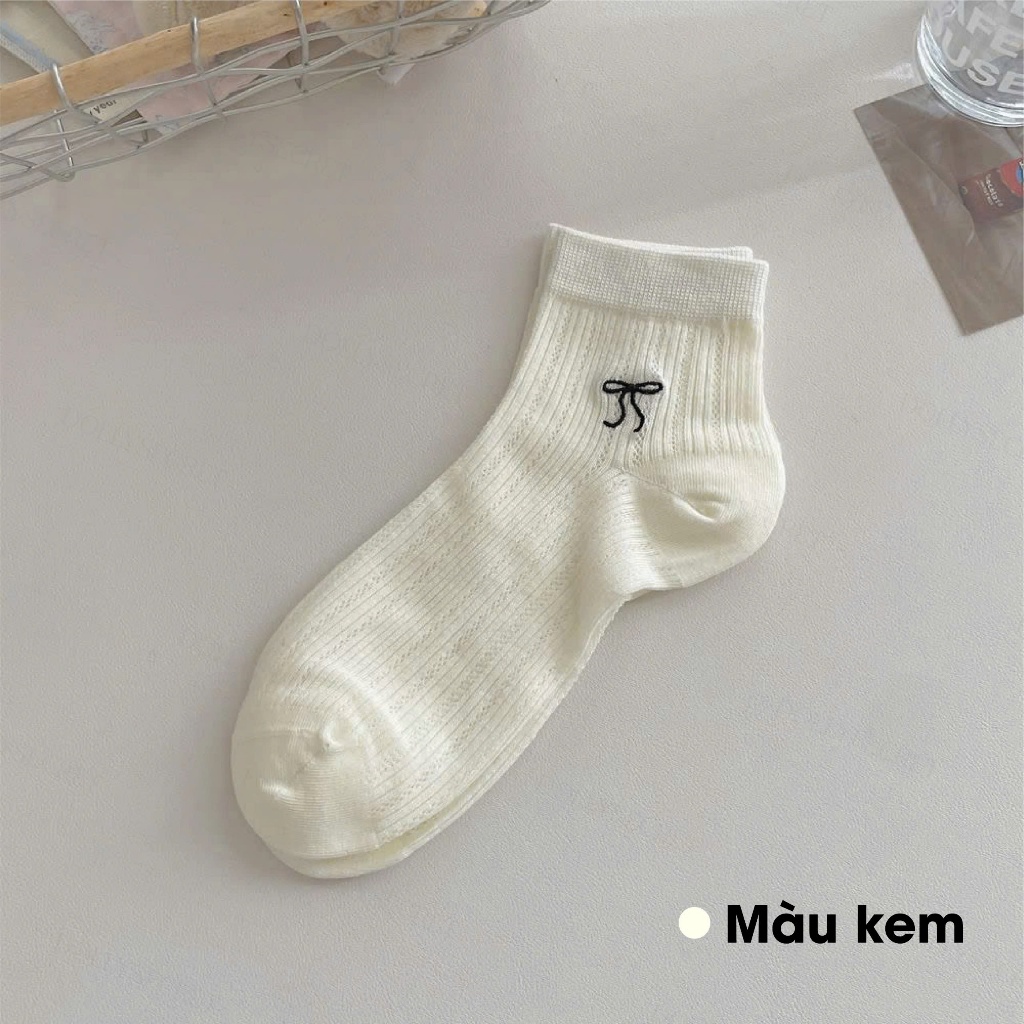 Set 5 Đôi Tất Nữ Cổ Ngắn Thêu Nơ DOLLY SECRET Tất Mỏng Mùa Hè Thoáng Khí Lưới Cotton T02