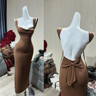 Đầm body hở cột lưng đính nơ to bèo cổ đổ xuông dài cá đi tiệc đi biển sang chảnh