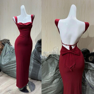 Đầm body hở cột lưng đính nơ to bèo cổ đổ xuông dài cá đi tiệc đi biển sang chảnh