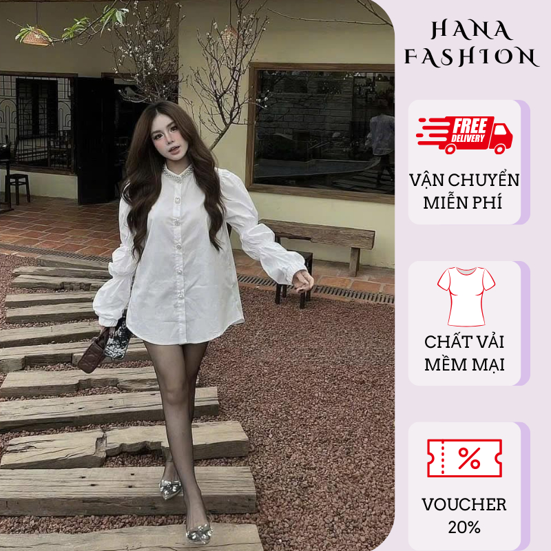 Áo sơ mi nữ, sơ mi kiểu dáng thụng cúc đá sang trọng tay bo chun tiểu thư cá tính HCOM25074