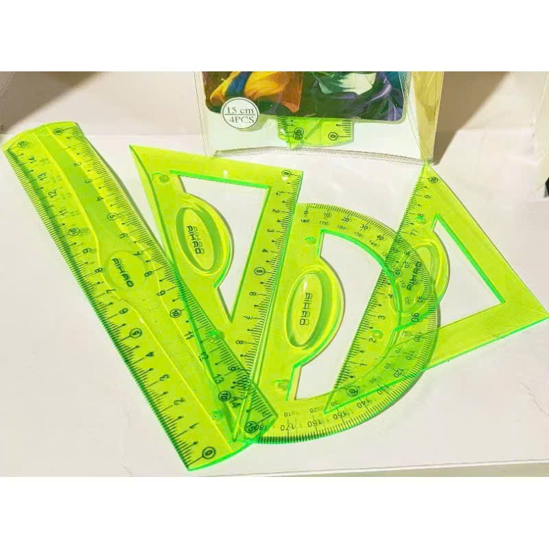 Bộ thước kẻ Eke Đo độ 4 món hoạ tiết dễ thương set dụng cụ vẽ hình học - TÚI 4 THƯỚC KẺ HOẠT HÌNH