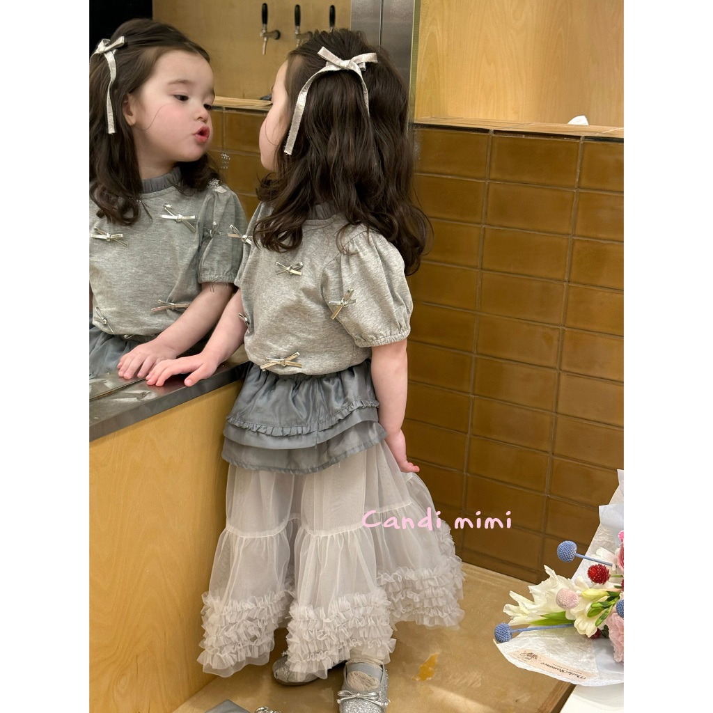 CANDI MIMI Áo cotton xám ngắn tay đính nơ bạc - Phong cách Hàn Quốc
