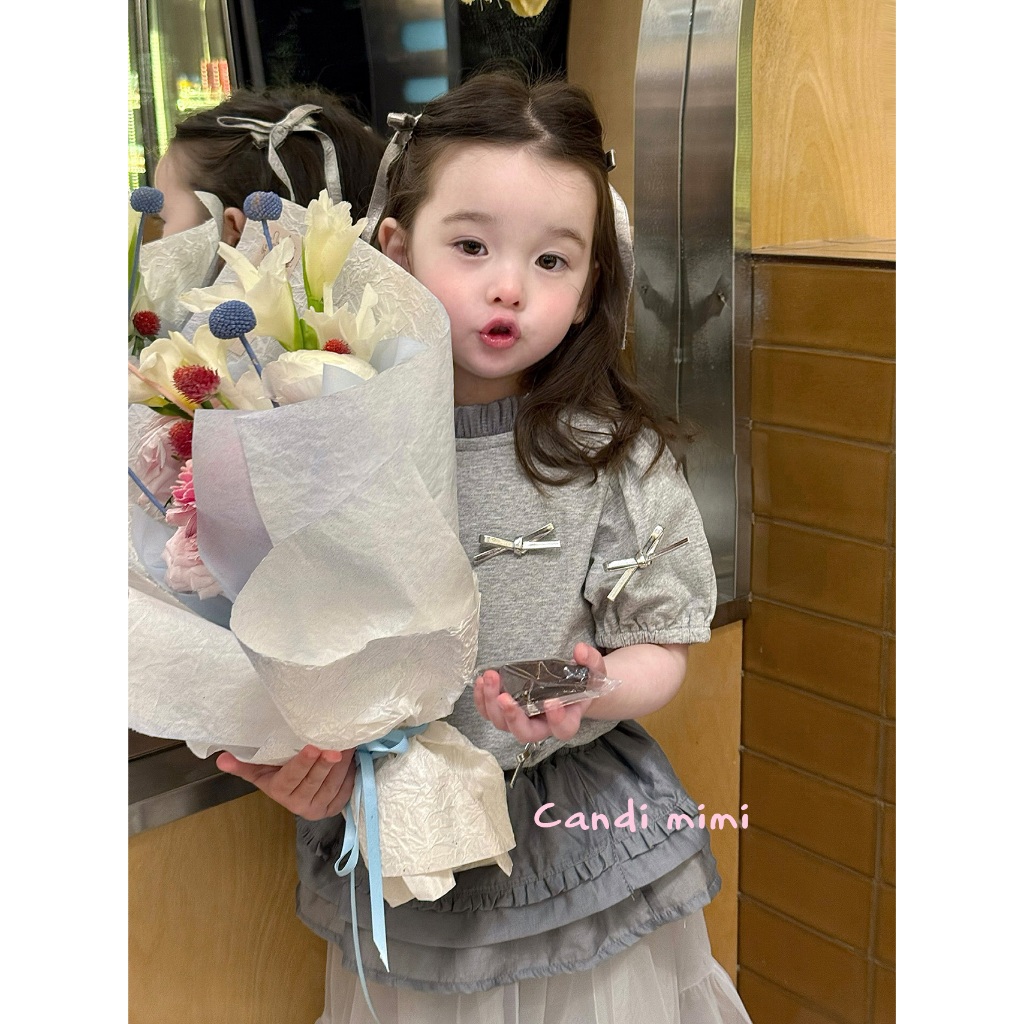 CANDI MIMI Áo cotton xám ngắn tay đính nơ bạc - Phong cách Hàn Quốc