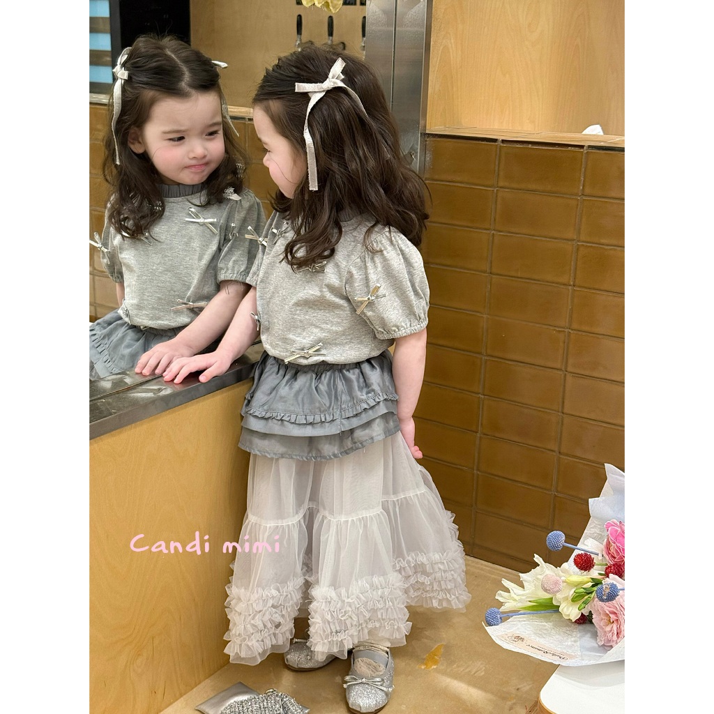 CANDI MIMI Áo cotton xám ngắn tay đính nơ bạc - Phong cách Hàn Quốc