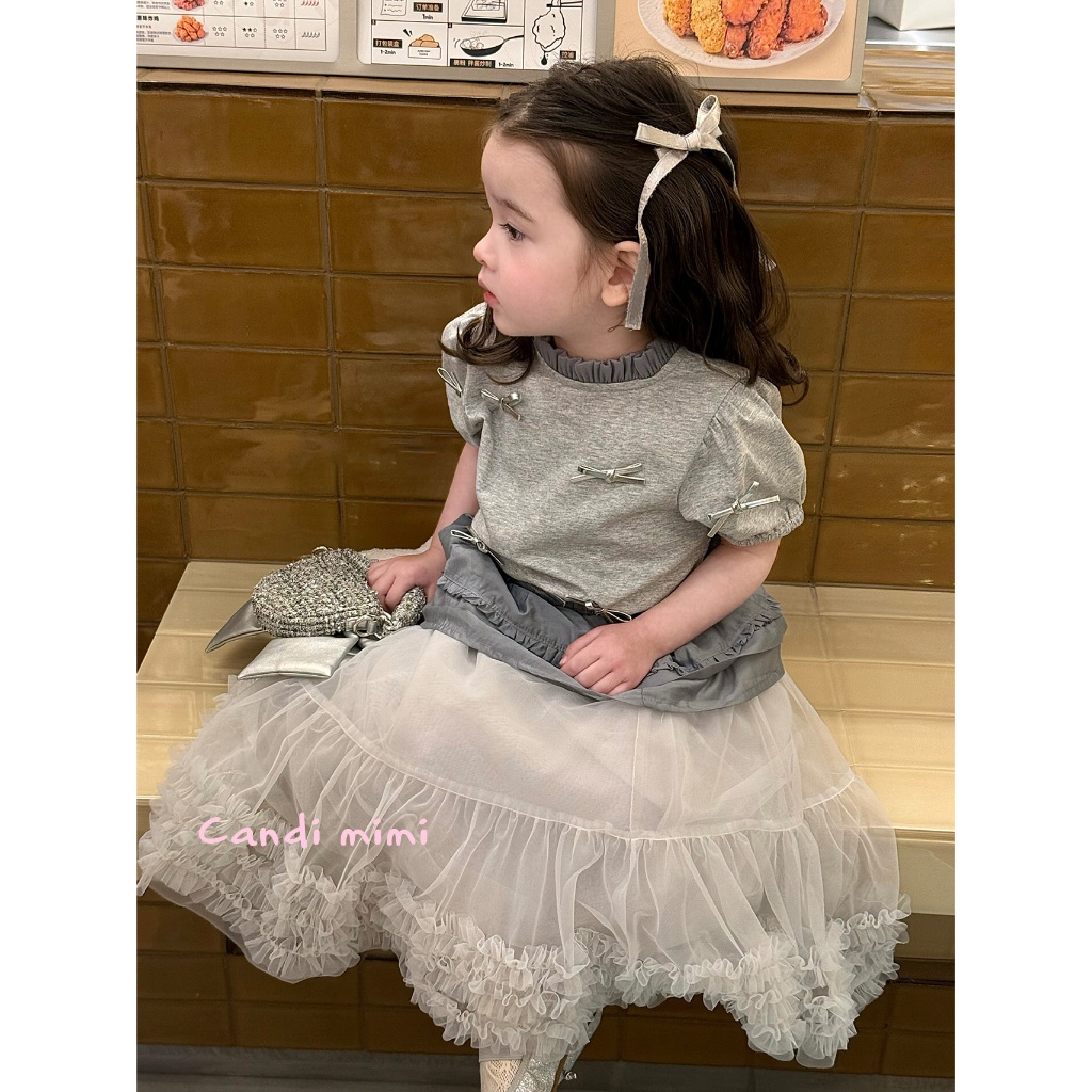 CANDI MIMI Áo cotton xám ngắn tay đính nơ bạc - Phong cách Hàn Quốc