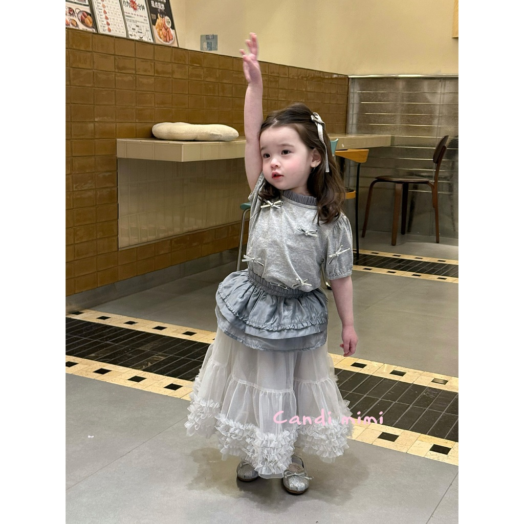 CANDI MIMI Áo cotton xám ngắn tay đính nơ bạc - Phong cách Hàn Quốc