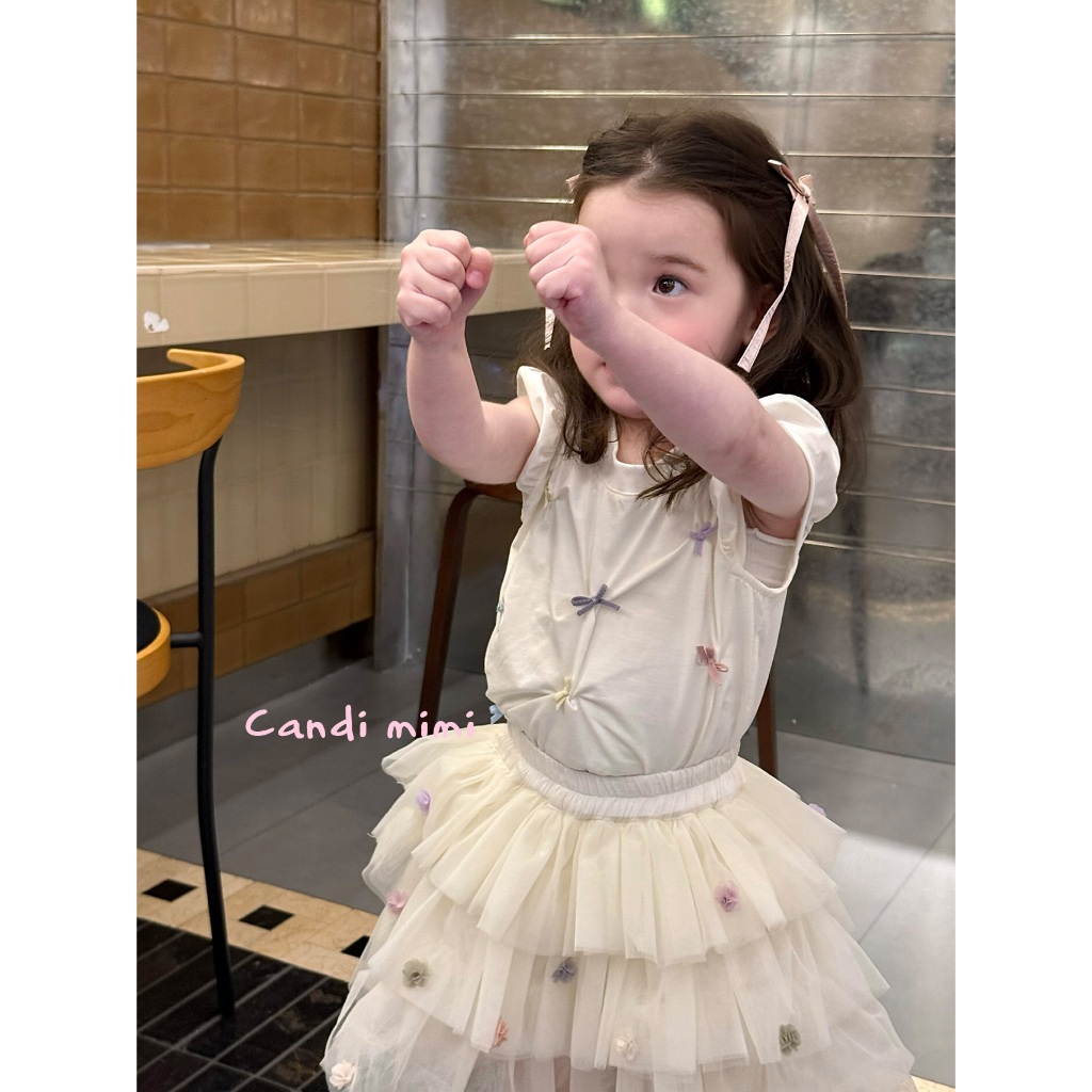 CANDI MIMI Áo phông cotton trắng đính nơ màu sắc - Phong cách Hàn Quốc