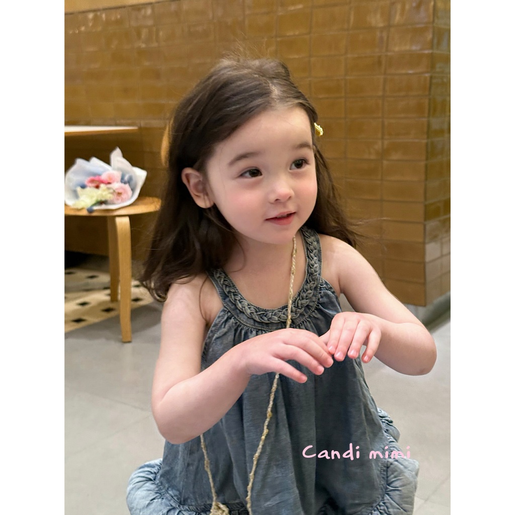 CANDI MIMI Set denim cotton áo yếm và quần gấu bèo cao cấp - Phong cách Hàn Quốc