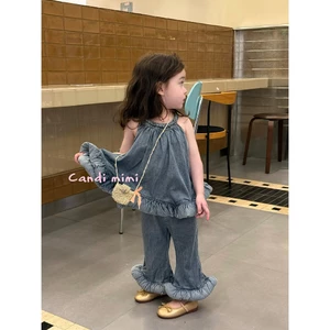 CANDI MIMI Set denim cotton áo yếm và quần gấu bèo cao cấp - Phong cách Hàn Quốc