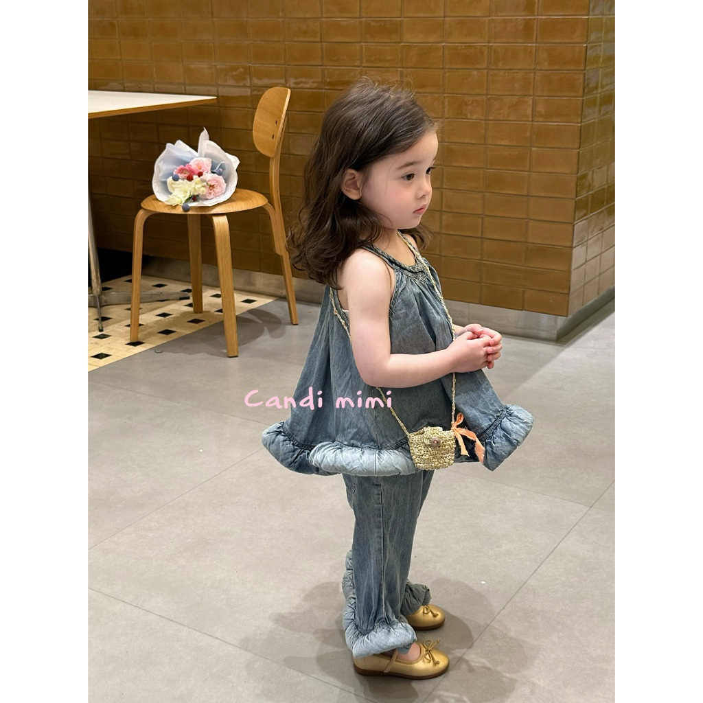 CANDI MIMI Set denim cotton áo yếm và quần gấu bèo cao cấp - Phong cách Hàn Quốc