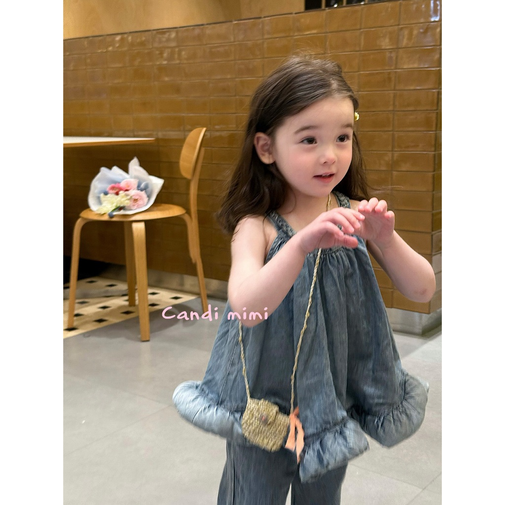 CANDI MIMI Set denim cotton áo yếm và quần gấu bèo cao cấp - Phong cách Hàn Quốc