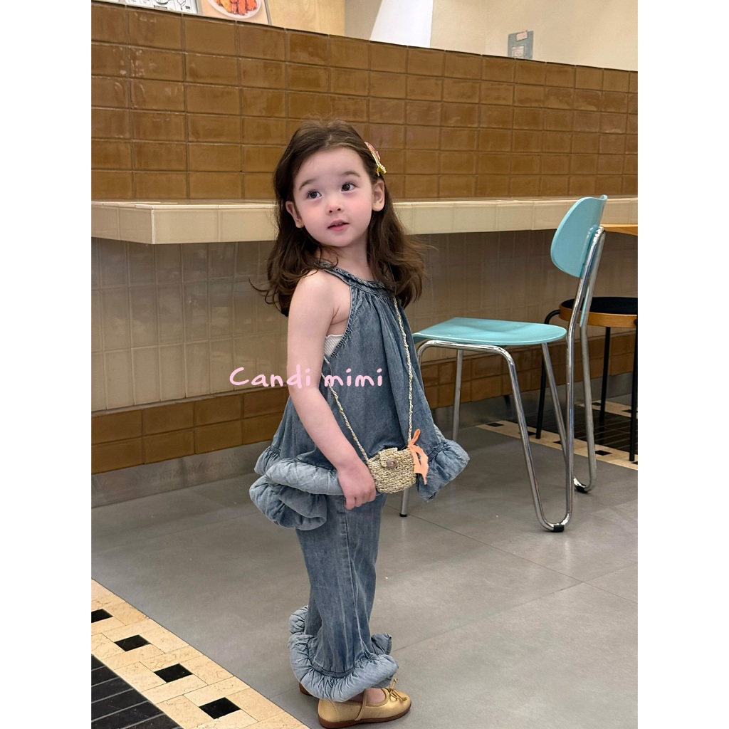 CANDI MIMI Set denim cotton áo yếm và quần gấu bèo cao cấp - Phong cách Hàn Quốc