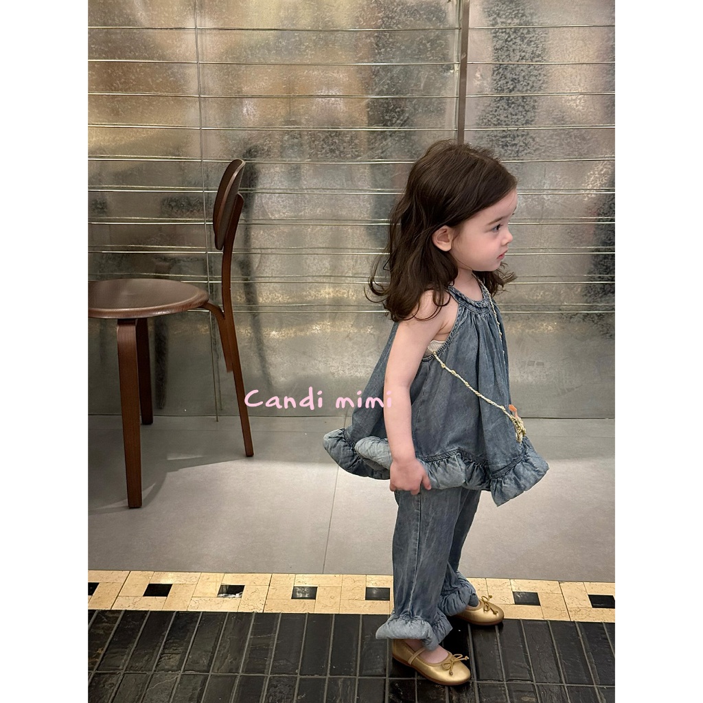 CANDI MIMI Set denim cotton áo yếm và quần gấu bèo cao cấp - Phong cách Hàn Quốc
