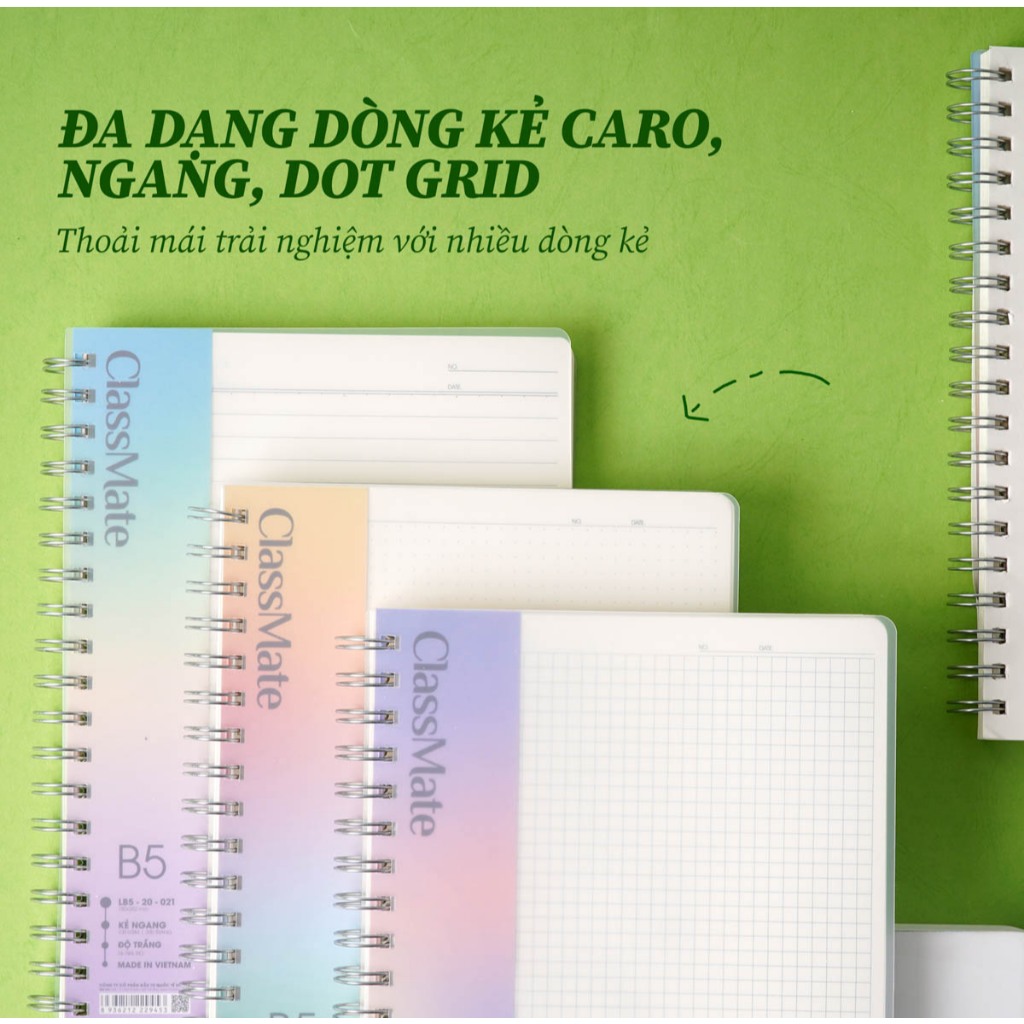 Sổ Tay Ghi Chép 200 Trang Clasmate Sổ Lò Xo 100GSM Dòng Kẻ Ngang/Chấm/Caro Viết Calligraphy Sổ Bullet Journal Bìa Nhựa
