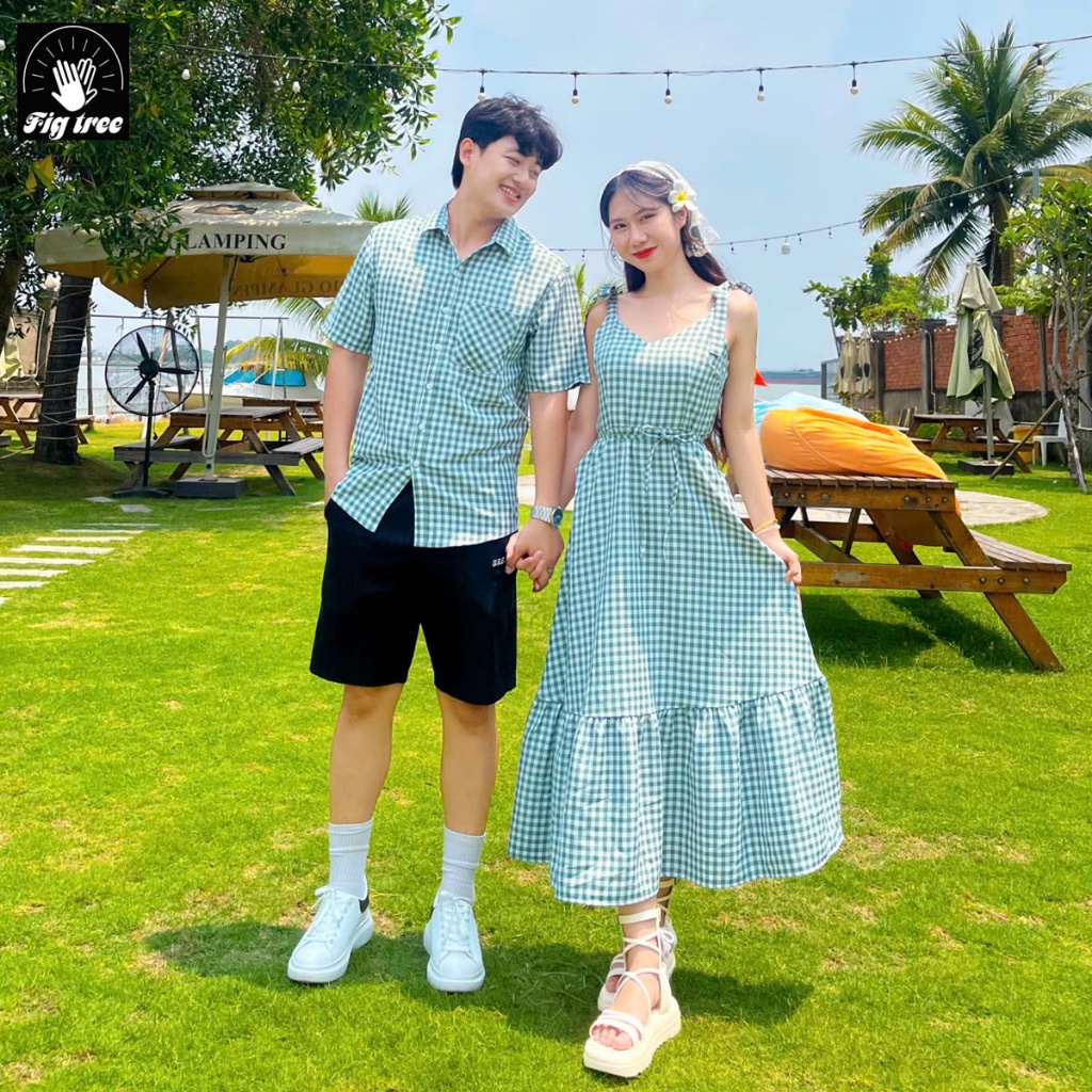 Set Sơ Mi Váy Đôi Fig Tree Couple Caro Xanh Rêu Đi Chơi Du Lịch Lãng Mạn. Có Size ( Mã Số 170B)