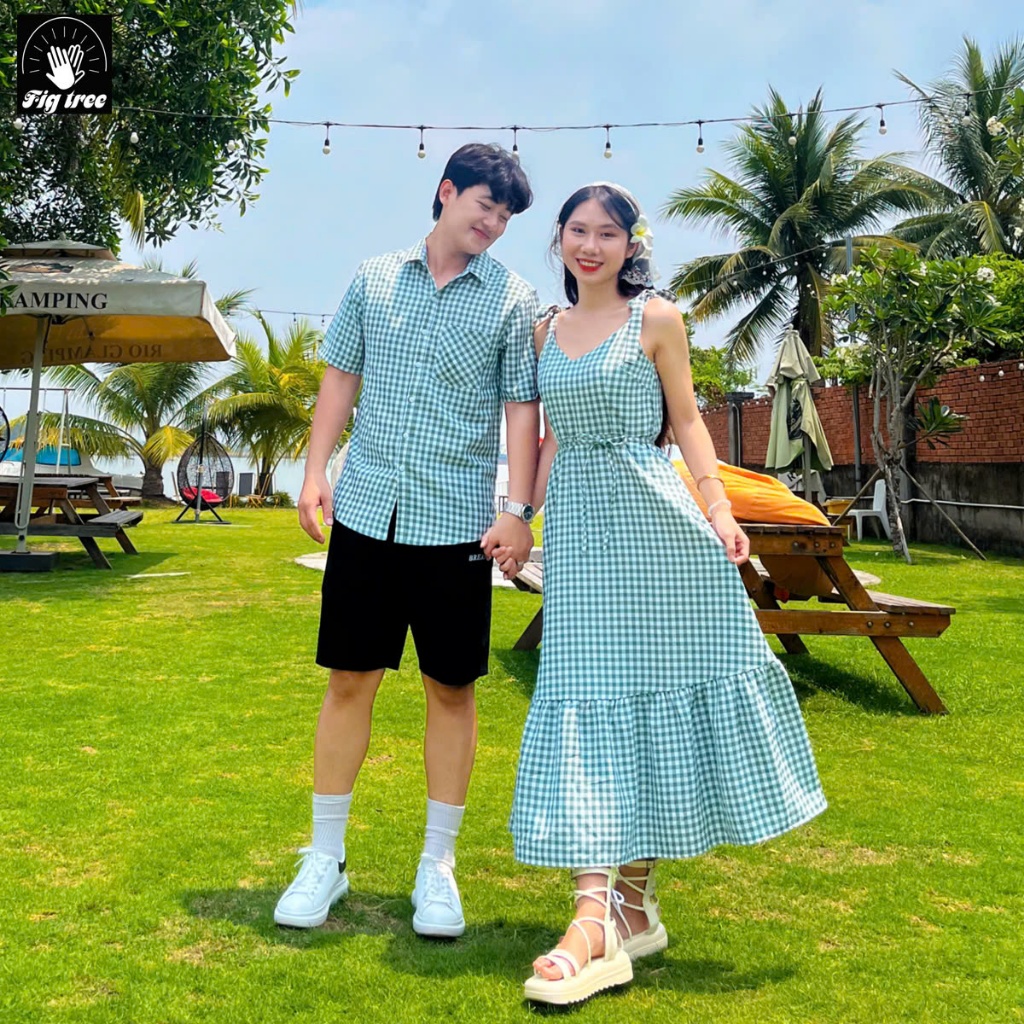 Set Sơ Mi Váy Đôi Fig Tree Couple Caro Xanh Rêu Đi Chơi Du Lịch Lãng Mạn. Có Size ( Mã Số 170B)