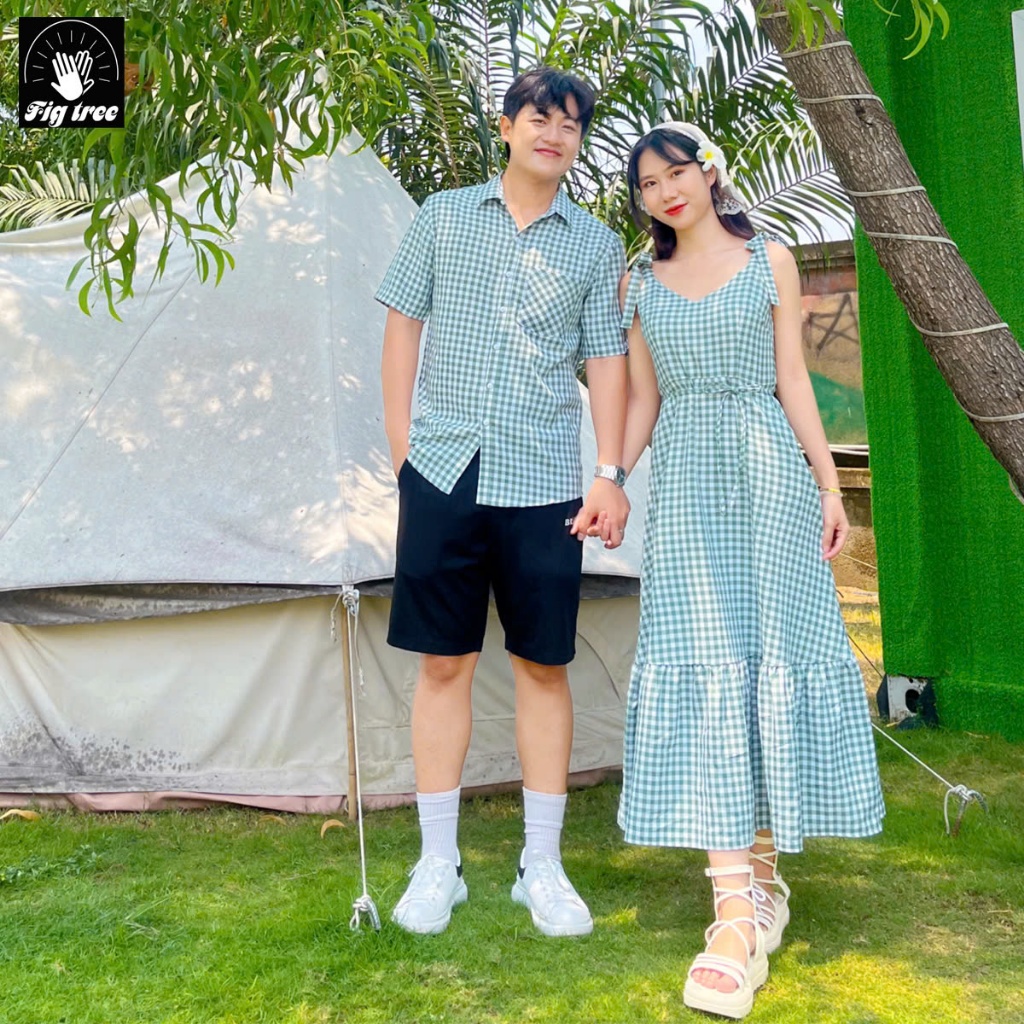 Set Sơ Mi Váy Đôi Fig Tree Couple Caro Xanh Rêu Đi Chơi Du Lịch Lãng Mạn. Có Size ( Mã Số 170B)