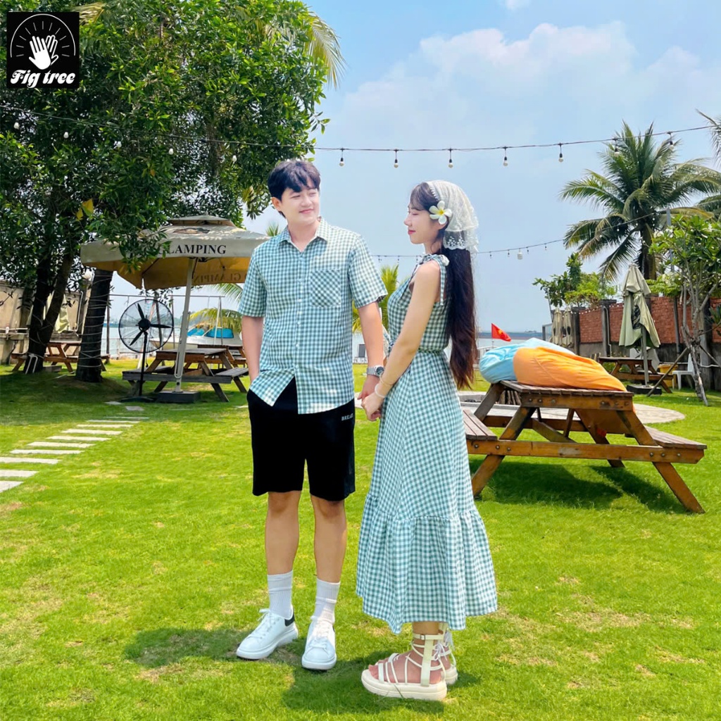 Set Sơ Mi Váy Đôi Fig Tree Couple Caro Xanh Rêu Đi Chơi Du Lịch Lãng Mạn. Có Size ( Mã Số 170B)