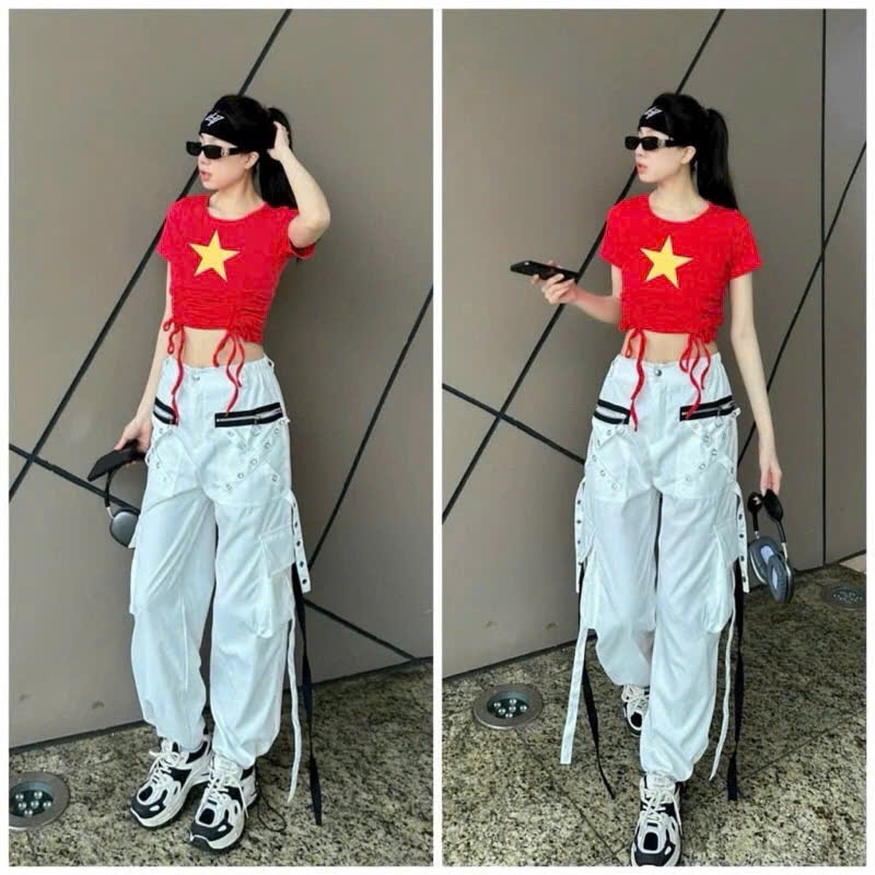 Áo đỏ sao vàng croptop chất siêu đẹp, phù hợp cho biểu diễn, nhảy, sẵn sll đội nhóm