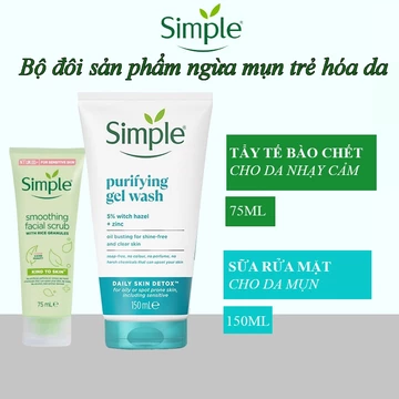 Combo sữa rửa mặt Simple dầu mụn 150ml + tẩy tế bào chết Simple Kind to Skin Smoothing Facial Scrub 75ml
