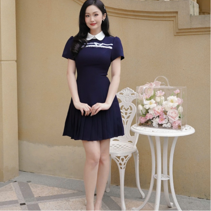 Đầm thiết kế KALOE váy tiểu thư phối ruy băng nơ trắng cổ sen đuôi xếp ly dáng A phong cách thanh lịch ST07 | BigBuy360 - bigbuy360.vn