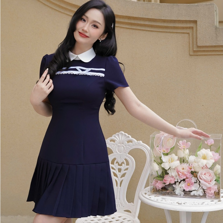 Đầm thiết kế KALOE váy tiểu thư phối ruy băng nơ trắng cổ sen đuôi xếp ly dáng A phong cách thanh lịch ST07 | BigBuy360 - bigbuy360.vn