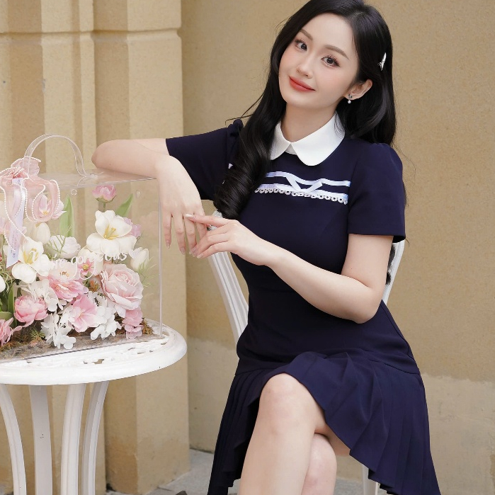 Đầm thiết kế KALOE váy tiểu thư phối ruy băng nơ trắng cổ sen đuôi xếp ly dáng A phong cách thanh lịch ST07 | BigBuy360 - bigbuy360.vn