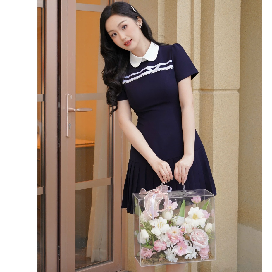 Đầm thiết kế KALOE váy tiểu thư phối ruy băng nơ trắng cổ sen đuôi xếp ly dáng A phong cách thanh lịch ST07 | BigBuy360 - bigbuy360.vn