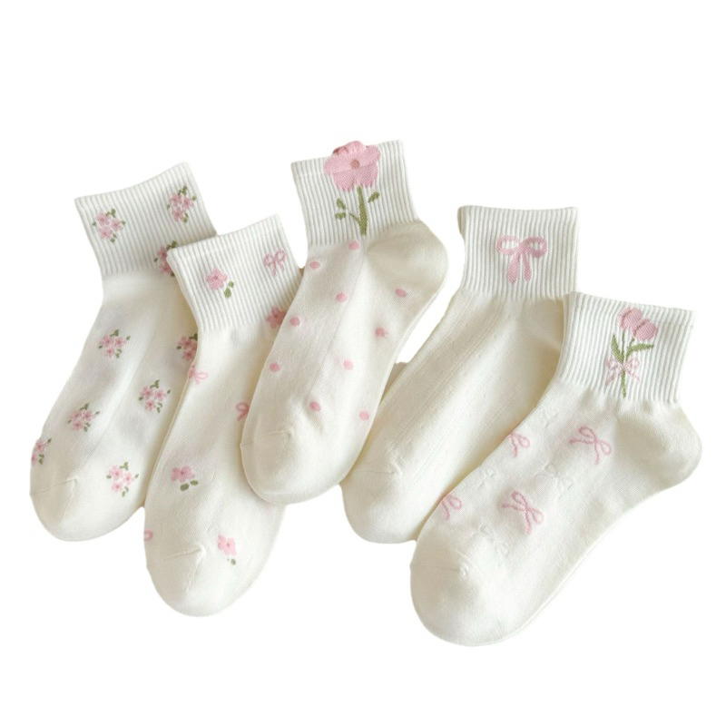 Tất Vớ Nữ Cổ Lửng Phong Cách Dễ Thương Hình Bông Hoa Hồng Nơ Chất Cotton Co Giãn Mềm Mại Thấm Hút