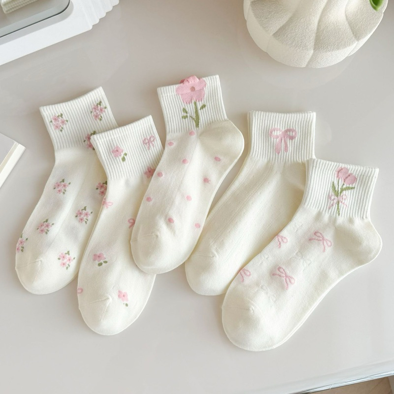 Tất Vớ Nữ Cổ Lửng Phong Cách Dễ Thương Hình Bông Hoa Hồng Nơ Chất Cotton Co Giãn Mềm Mại Thấm Hút