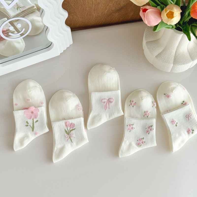 Tất Vớ Nữ Cổ Lửng Phong Cách Dễ Thương Hình Bông Hoa Hồng Nơ Chất Cotton Co Giãn Mềm Mại Thấm Hút