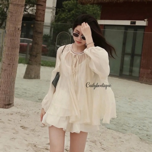 MIU.STUDIO • Set áo babydoll voan tơ tay bồng đính khuy ngọc kèm chân váy bí bồng Kail Set