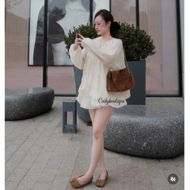 MIU.STUDIO • Set áo babydoll voan tơ tay bồng đính khuy ngọc kèm chân váy bí bồng Kail Set