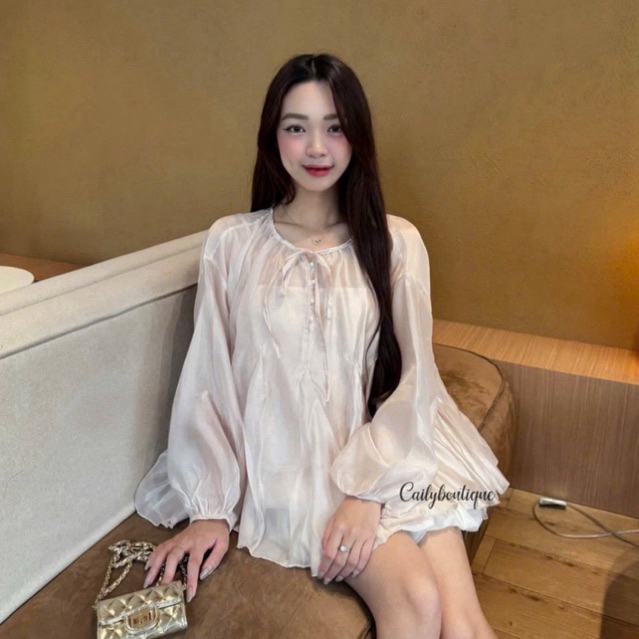 MIU.STUDIO • Set áo babydoll voan tơ tay bồng đính khuy ngọc kèm chân váy bí bồng Kail Set