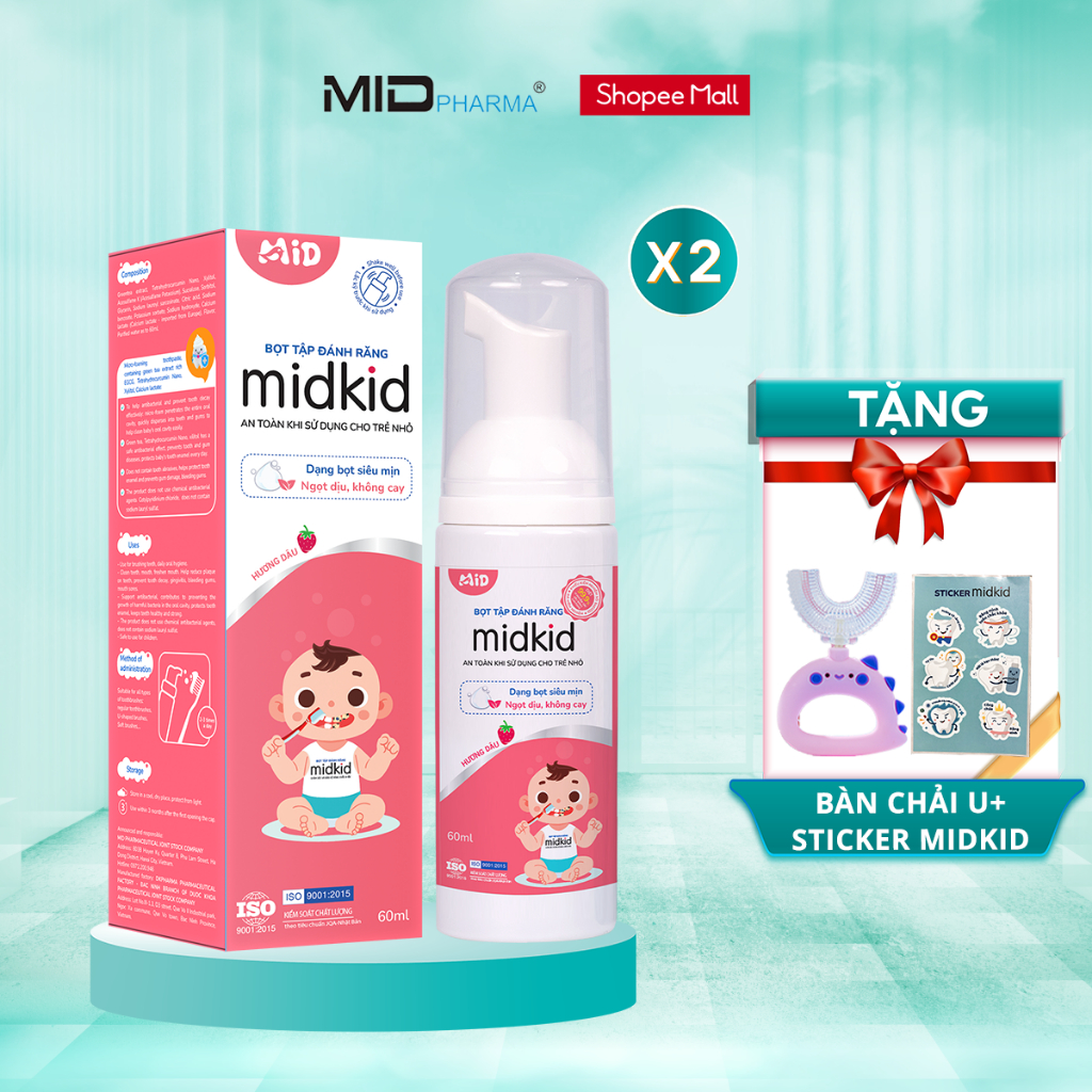 Ảnh Combo 2 hộp Bọt tâp đánh răng Midkid vị dâu 60ml - Tặng Bàn chải U hình thú ngẫu nhiên + Sticker 1