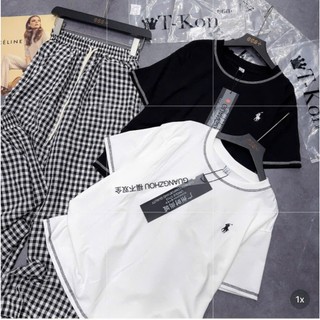 Set Bộ Đồ Nữ Đen Trắng Thêu NGựa Áo Phông Thụng Viền Chỉ Màu Mix Quần Suông Dài Kẻ Caro Ống Rộng