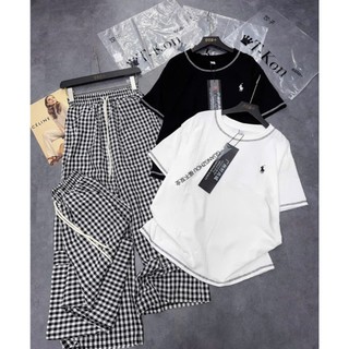 Set Bộ Đồ Nữ Đen Trắng Thêu NGựa Áo Phông Thụng Viền Chỉ Màu Mix Quần Suông Dài Kẻ Caro Ống Rộng
