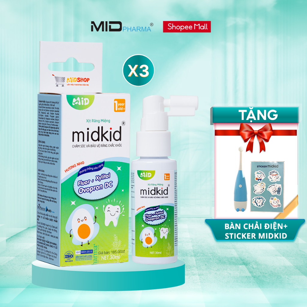 Ảnh Combo 3 hộp Xịt chống sâu răng Midkid vị nho 30ml cho bé từ 1 tuổi - Tặng Bàn chải điện + Sticker 1