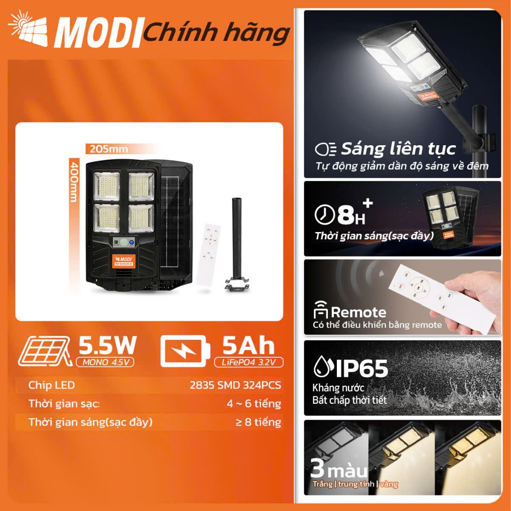 Ảnh Đèn Năng Lượng Mặt Trời Liền Thể 80W MODI SOLAR , Đèn Led Năng Lượng Mặt Trời Cảm Biến Ánh Sáng 2