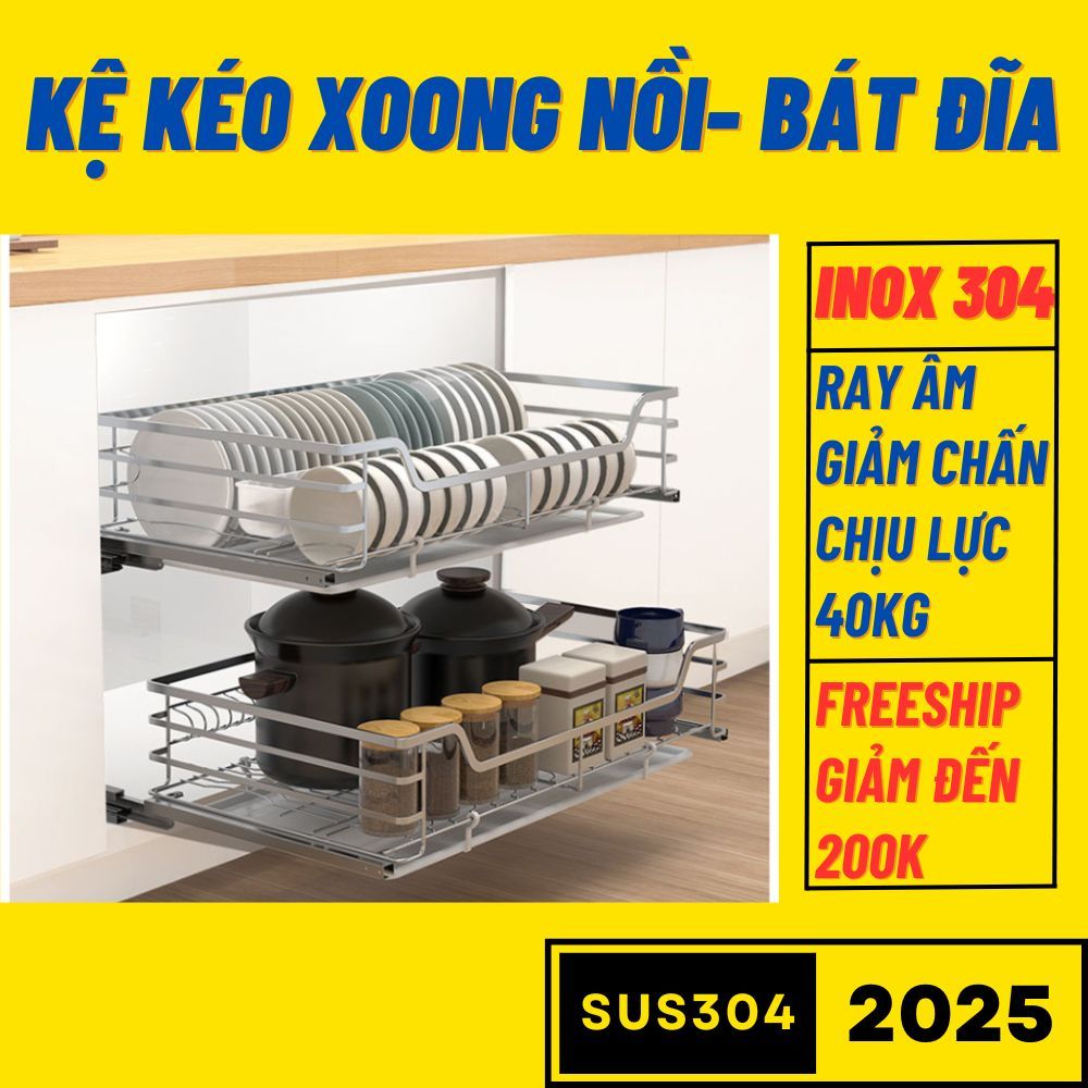 Kệ kéo xoong nồi bát đĩa đa năng inox 304 nan dẹt ray âm giảm chấn chịu lực 40kg cao cấp lắp tủ bếp thông minh