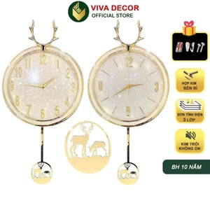 Đồng Hồ Treo Tường Trang Trí Sừng Hươu Cao Cấp quả lắc Kim Trôi yên tĩnh ViVa Decor Nghệ Thuật V364