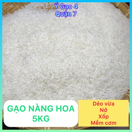Gạo Nàng Hoa Túi 5kg - Hạt gạo đục, loại cơm dẻo vừa, nở xốp, thơm nhẹ mềm cơm