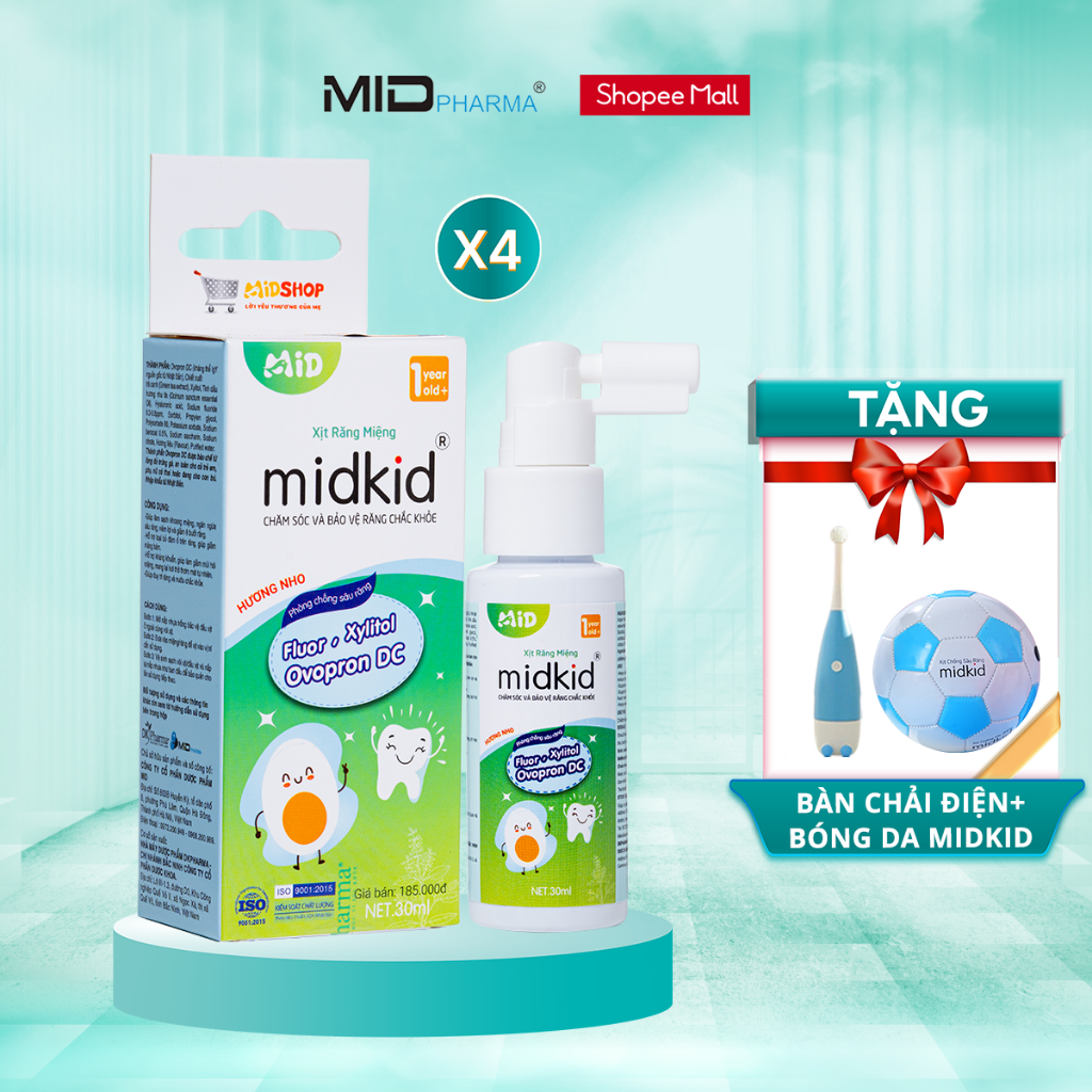 Ảnh Combo 4 hộp Xịt chống sâu răng Midkid vị nho 30ml - Tặng bàn chải điện + Bóng hơi 1