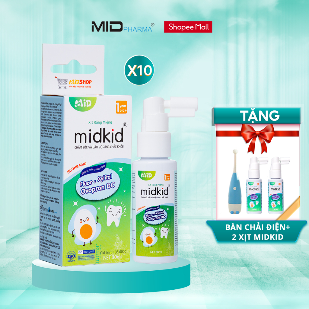 Ảnh Combo 10 Hộp Xịt chống sâu răng cho bé Midkid vị nho 30ml - Tặng 2 hộp midkid vị nho + Bàn chải điện 1
