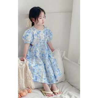 [B&G] Đầm váy thô hoa xanh tay bồng dễ thương cho bé gái từ 1-10 tuổi(19-40kg)