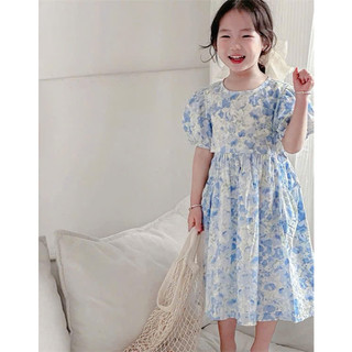 [B&G] Đầm váy thô hoa xanh tay bồng dễ thương cho bé gái từ 1-10 tuổi(19-40kg)