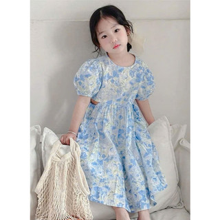 [B&G] Đầm váy thô hoa xanh tay bồng dễ thương cho bé gái từ 1-10 tuổi(19-40kg)