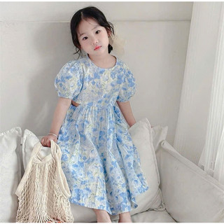 [B&G] Đầm váy thô hoa xanh tay bồng dễ thương cho bé gái từ 1-10 tuổi(19-40kg)